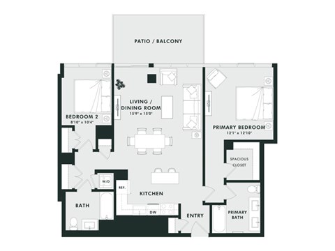 Floor plan for 2 beds, 2 baths, 1091 sqft